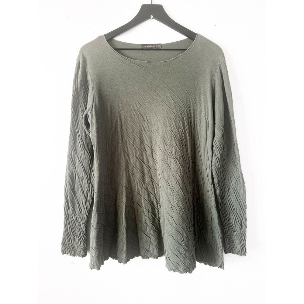 Cut Loose Olive Green Crinkle Knit Long Sleeve Swing Top M